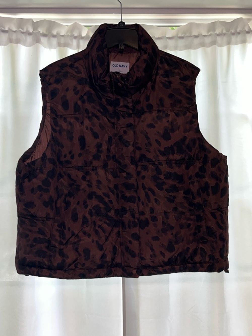 Old Navy Leopard-Print Puffer Vest in Brown and Black